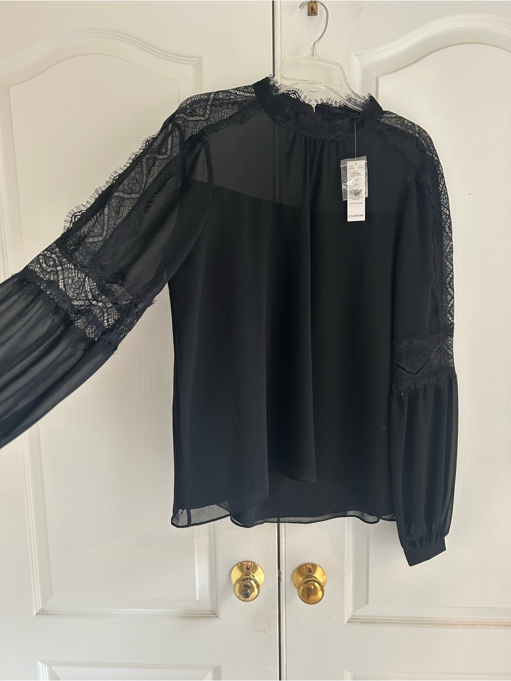 White House Black Market Black Lace-Trim Long Sleeve Blouse